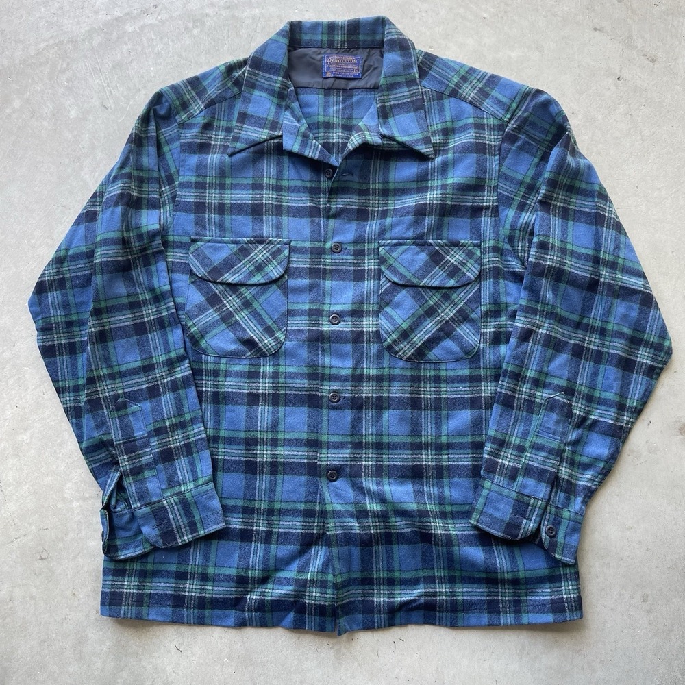 Vintage 60S Pendleton Blue Shadow Tartan Plaid Loop Collar Wool Board Shirt XL